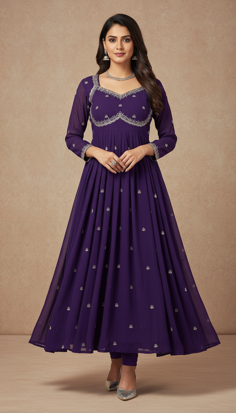 Deep Purple Georgette Anarkali Gown with Silver Embroidery